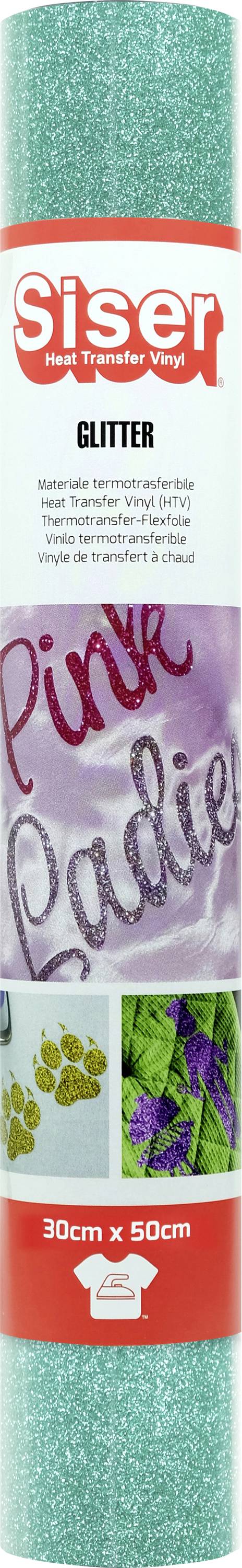 Eine Rolle Siser Glitter Vinyl in Türkis wird mit Beispieldesigns angezeigt, einschließlich des Textes „Pink Ladies