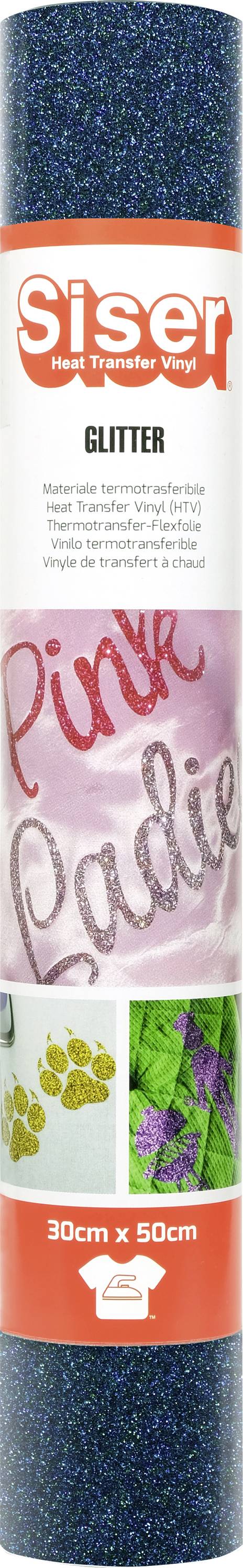 Eine Rolle Siser-Glitterfolie, 30 cm x 50 cm. Das Etikett zeigt Glittertext „Pink Ladies