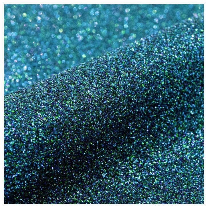 Eine Nahaufnahme von funkelndem blaugrünem Glitter mit einer strukturierten Oberfläche, die unter Licht einen schimmernden Effekt erzeugt.