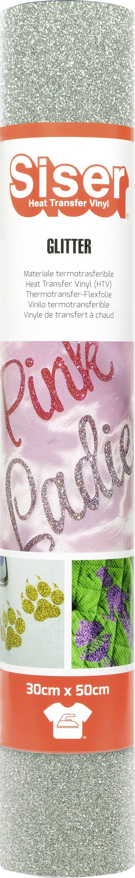 Rolle Siser Glitterfolie, rosafarbener Farbton mit dekorativem Glittertext gezeigt. Abmessungen: 30cm x 50cm. Geeignet für Handwerk.