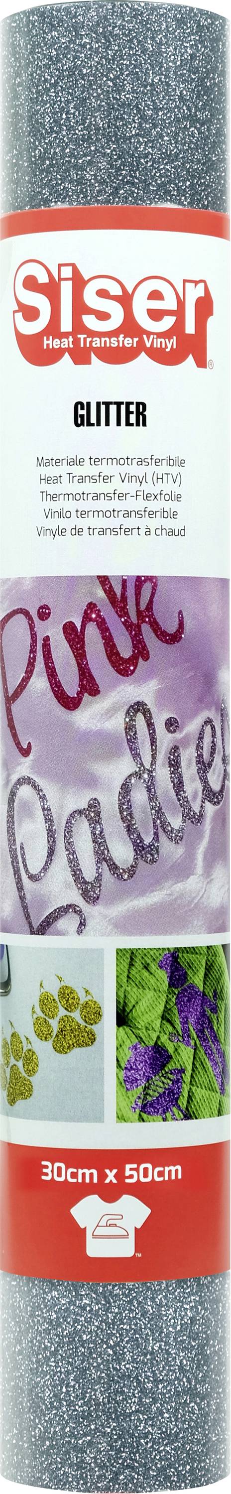 Eine Rolle Siser Glittervinyls, 30 cm x 50 cm, mit Beispielen von Glitterdesigns einschließlich des Textes „Pink Ladies
