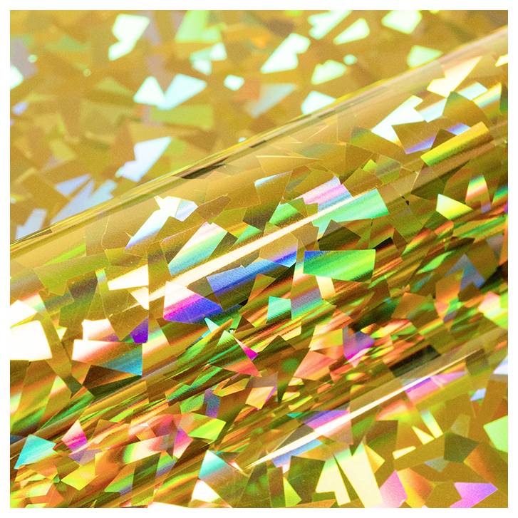 Farbenfrohe holografische Papier mit reflektiven, dreieckigen Mustern in Gold-, Grün-, Blau- und Violetttönen, das einen lebendigen, glänzenden Effekt erzeugt.