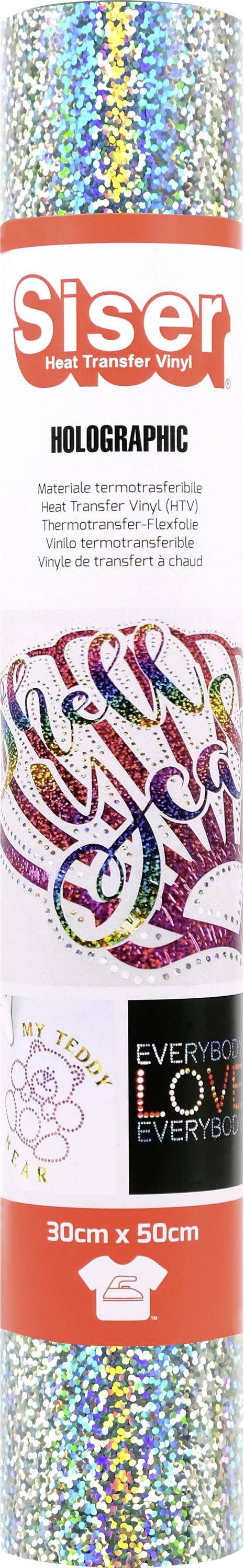 Eine Rolle Siser Holographic Wärmeübertragungsfolie, 30cm x 50cm, mit glitzerndem Regenbogenmuster, verwendet zur Stoffdekoration.