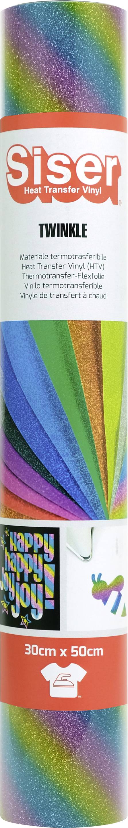 Farbenfrohe Siser TWINKLE Wärmeübertragungsvinylrolle mit Regenbogen-Glitzereffekt, beschriftet 30 cm x 50 cm.