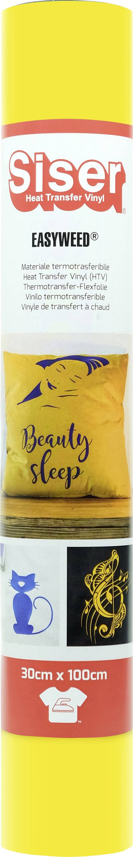 Rolle Siser EasyWeed Wärmeübertragungsfolie, 30cm x 100cm, zeigt Anwendungen auf Stoff und leuchtende Designs wie „Beauty Sleep