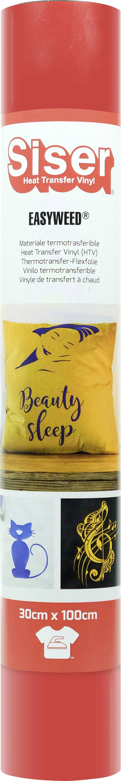 Eine rote Rolle Siser EasyWeed Vinyl mit Designs einschließlich einer Katze, dem Spruch „Beauty Sleep