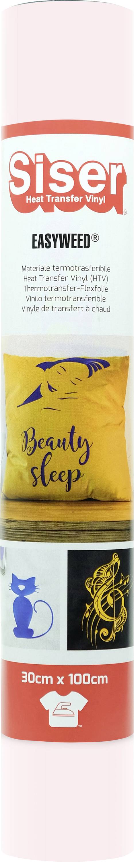 Rolle Siser EasyWeed Textilfolie; Verpackung zeigt Beispiele von Designs wie „Beauty Sleep