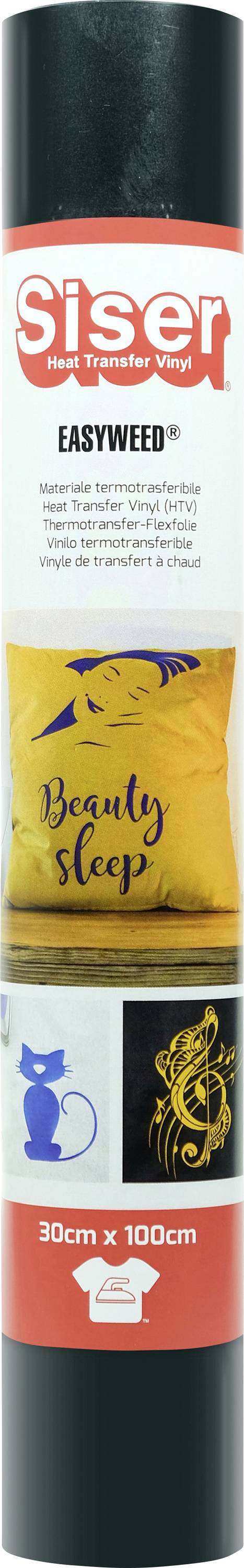 Eine Rolle Siser EasyWeed Wärmeübertragungsvinyls mit Designs auf Stoff, einschließlich des Textes „Beauty Sleep