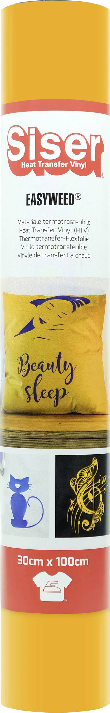 Eine Rolle Siser EasyWeed Transferfolie mit Wärmeanwendung, orange Verpackung, mit Designs wie „Beauty Sleep