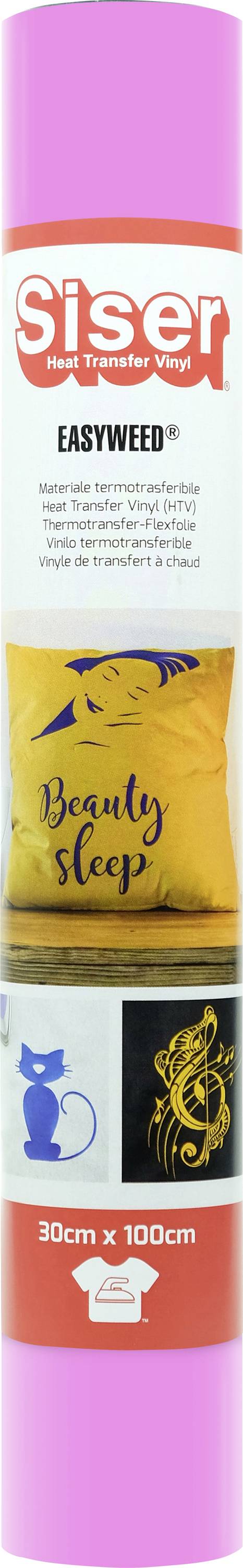 Eine Rolle Siser EasyWeed Vinyl in rosa Verpackung, auf der Beispiele von Vinyl-Designs auf Stoffen zu sehen sind, darunter ein Kissen mit der Aufschrift „Beauty Sleep