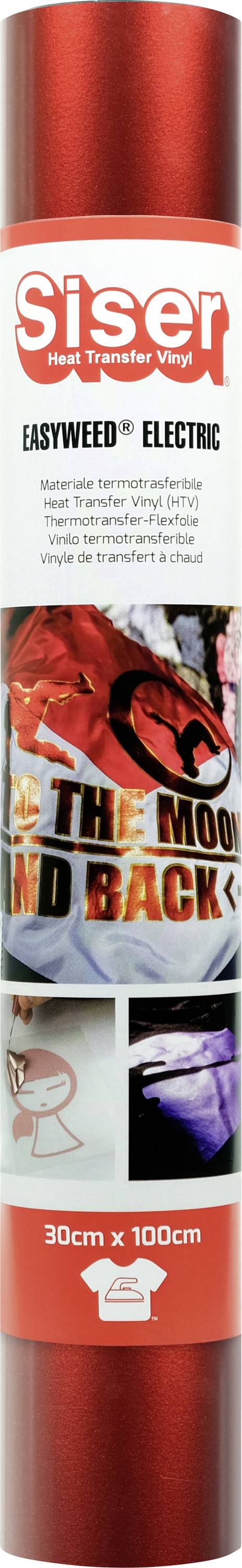 Rote Rolle Siser Easyweed electric Vinyl, 30cm x 100cm. Die Verpackung zeigt bedruckte Abbildungen der Vinyl-Anwendung auf Stoff.
