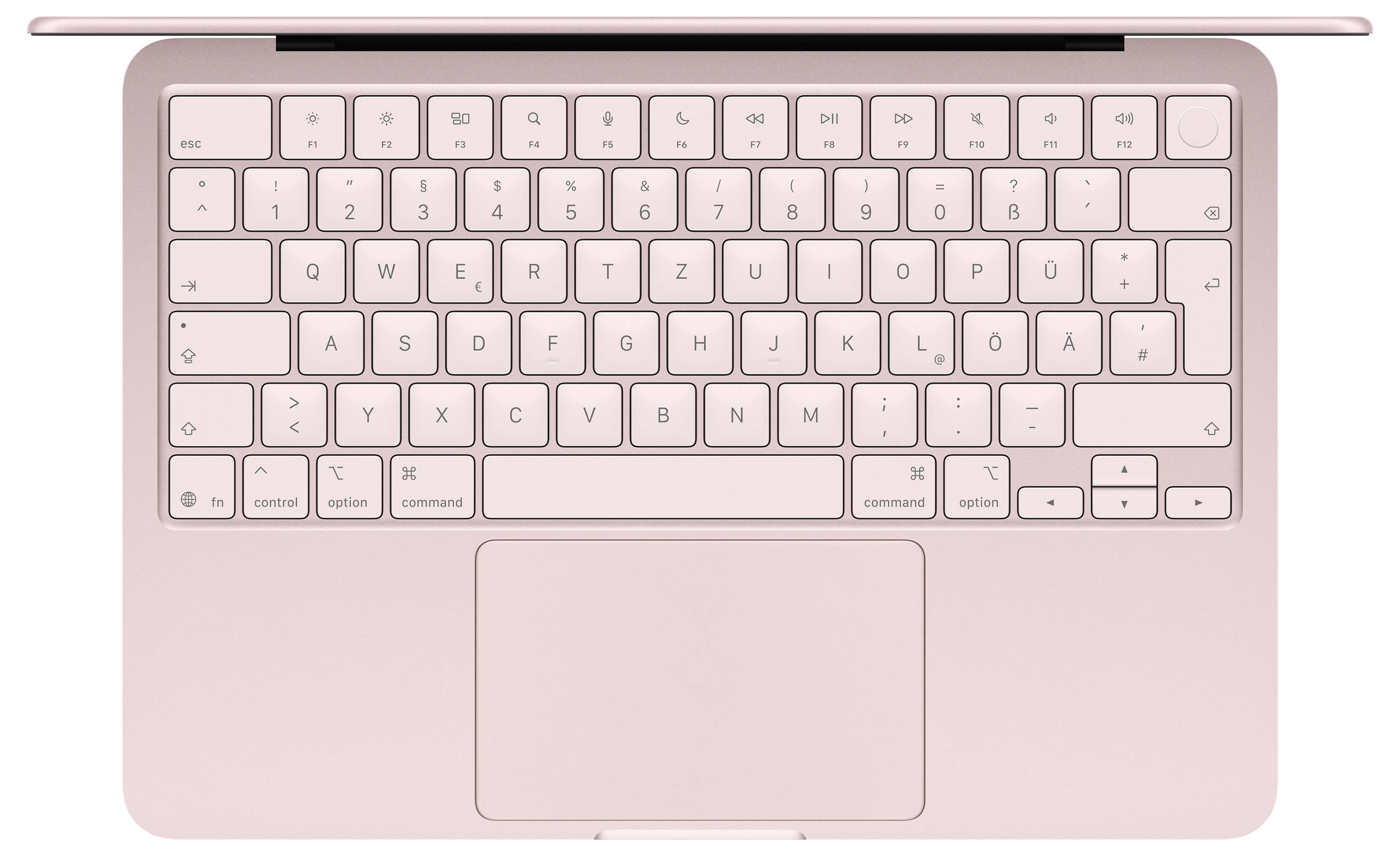 Ein rosa Laptop von oben betrachtet, mit kompaktem Tastaturlayout und einem großen Trackpad darunter.
