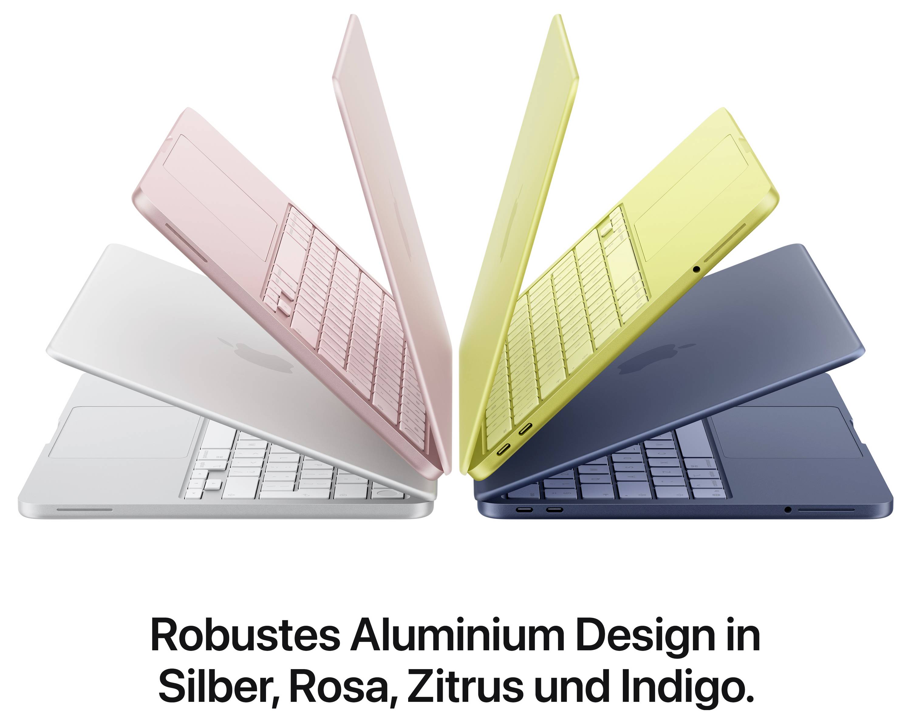 Vier Laptops in Silber, Rosa, Zitrus und Indigo, im robusten Aluminiumdesign, stehen aufgeklappt in einem Halbkreis aufgestellt.