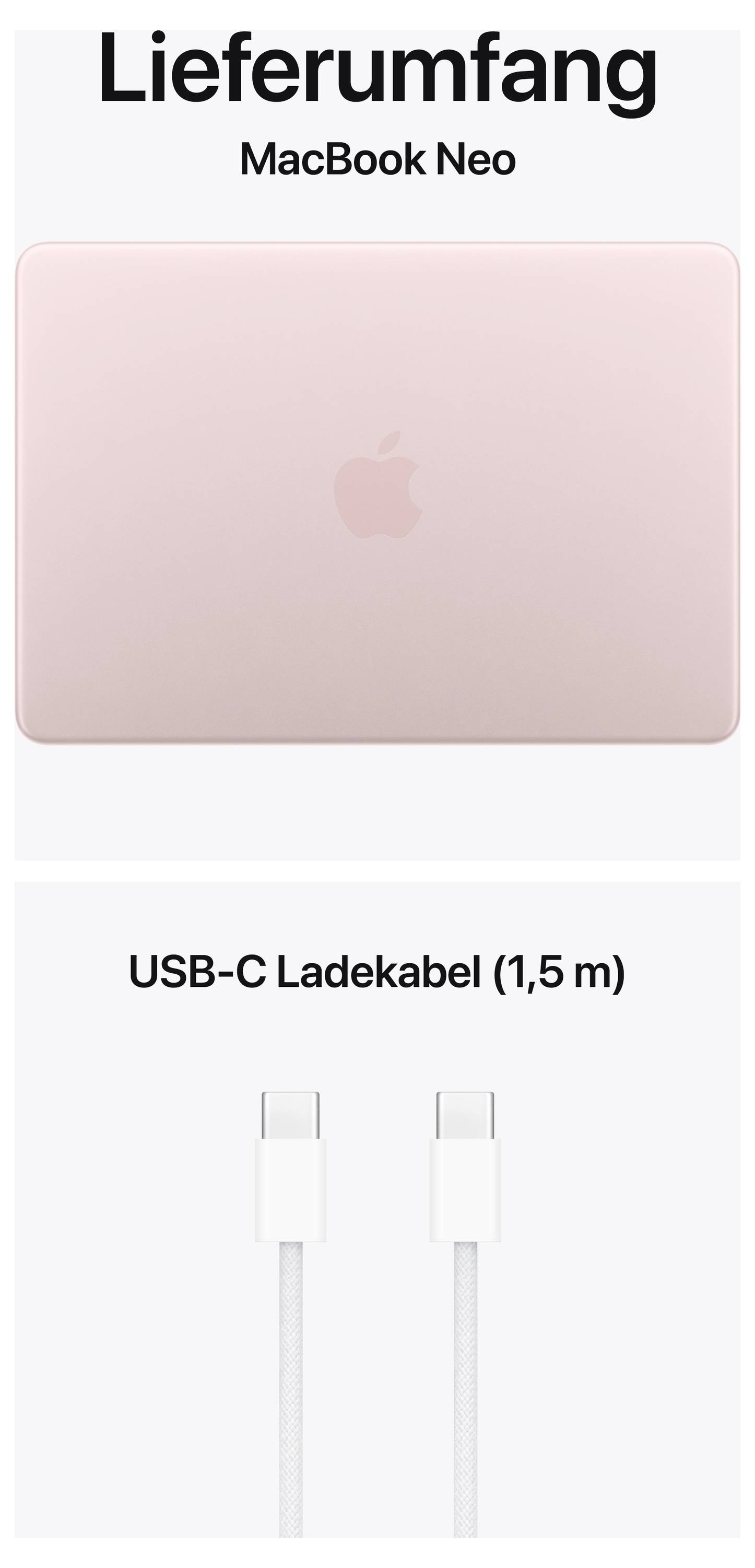 Lieferumfang: MacBook Neo in Roségold und ein 1,5 m USB-C Ladekabel.
