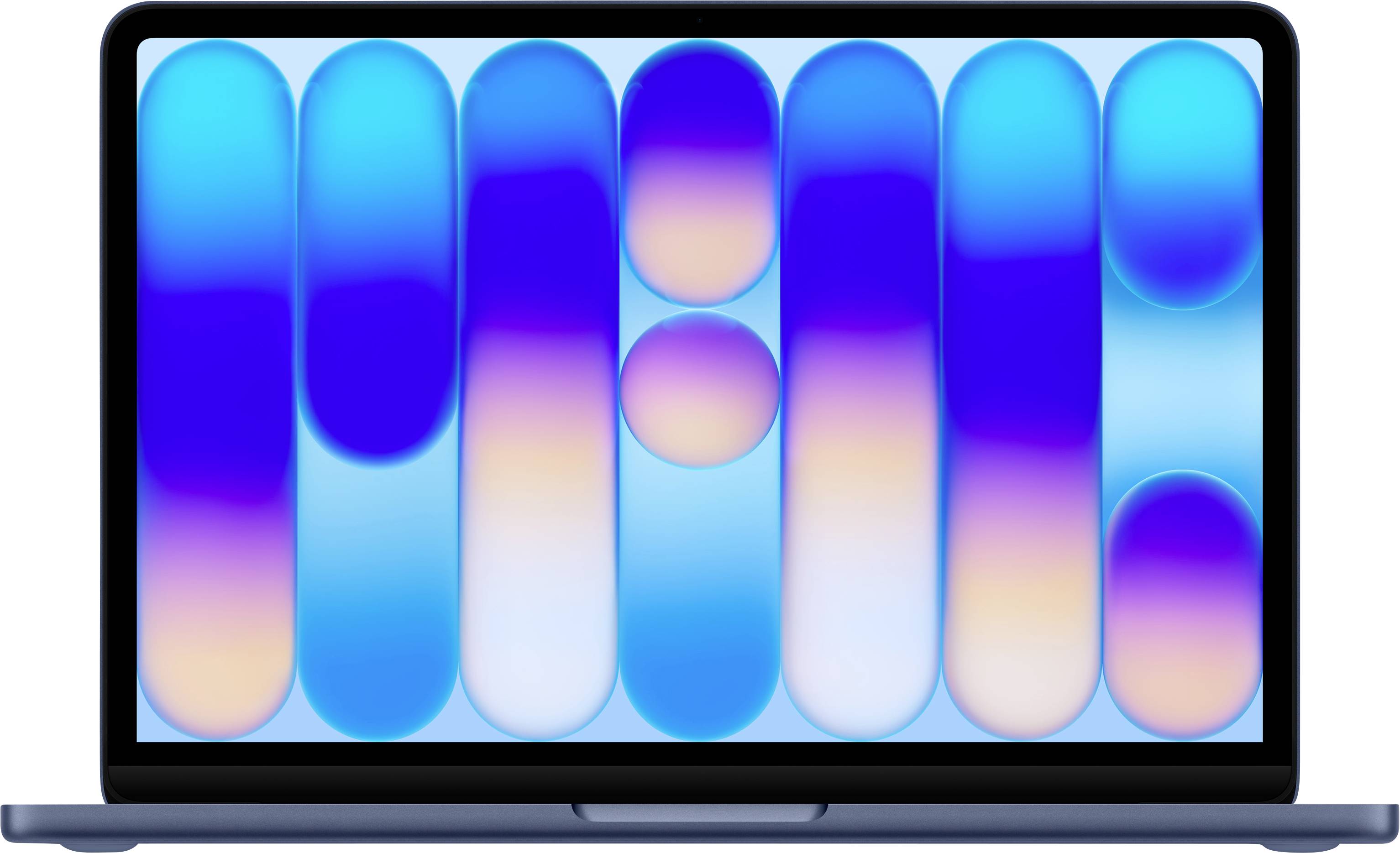 Ein Laptop, auf dem ein abstraktes Muster aus vertikalen und ovalen Formen in blauen, rosa und violetten Farbverläufen auf dem Bildschirm angezeigt wird.