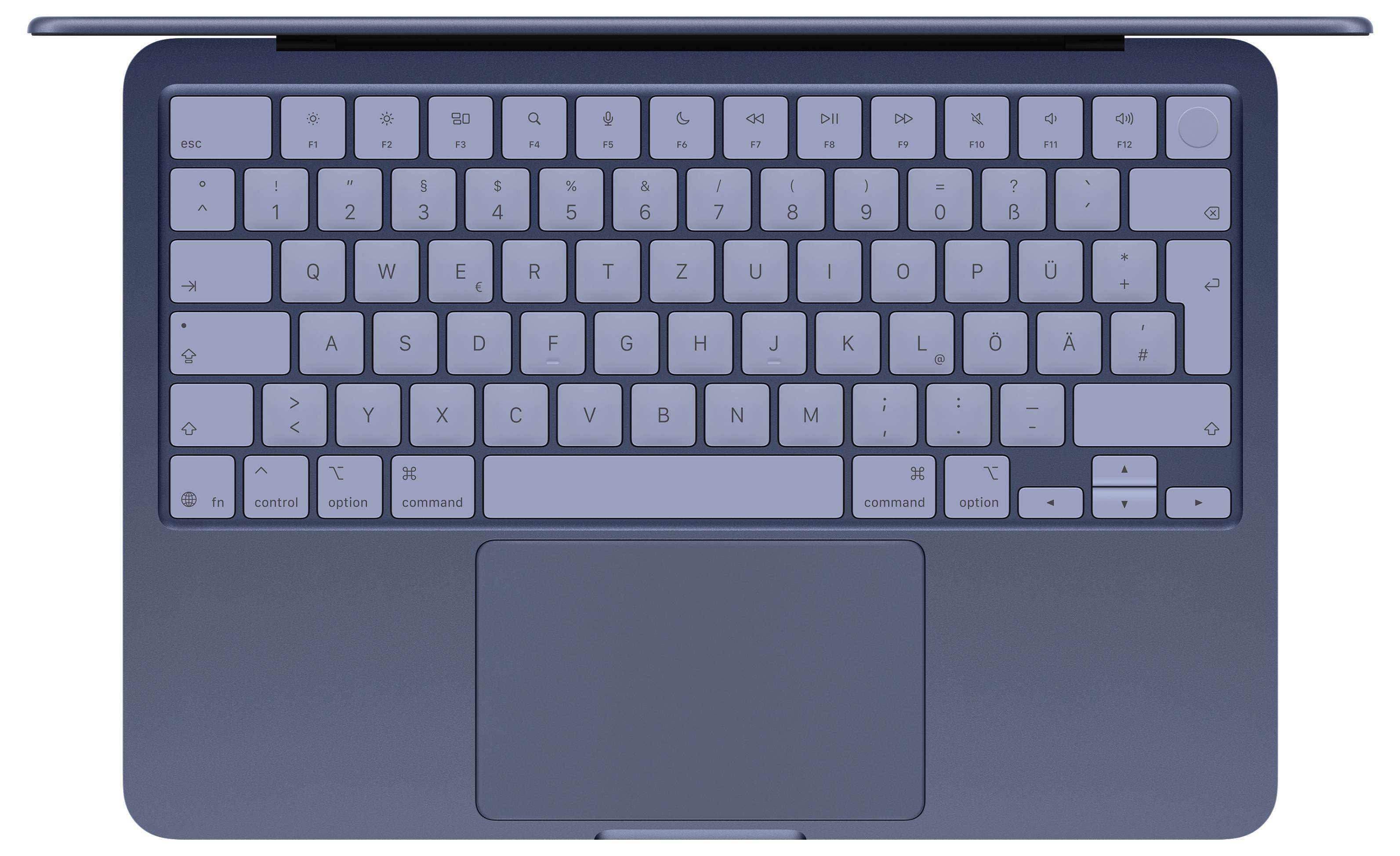 Draufsicht einer Laptop-Tastatur und eines Touchpads mit kompaktem, minimalistischem Design. Die Tasten sind beschriftet, und die Tastatur ist zentriert.
