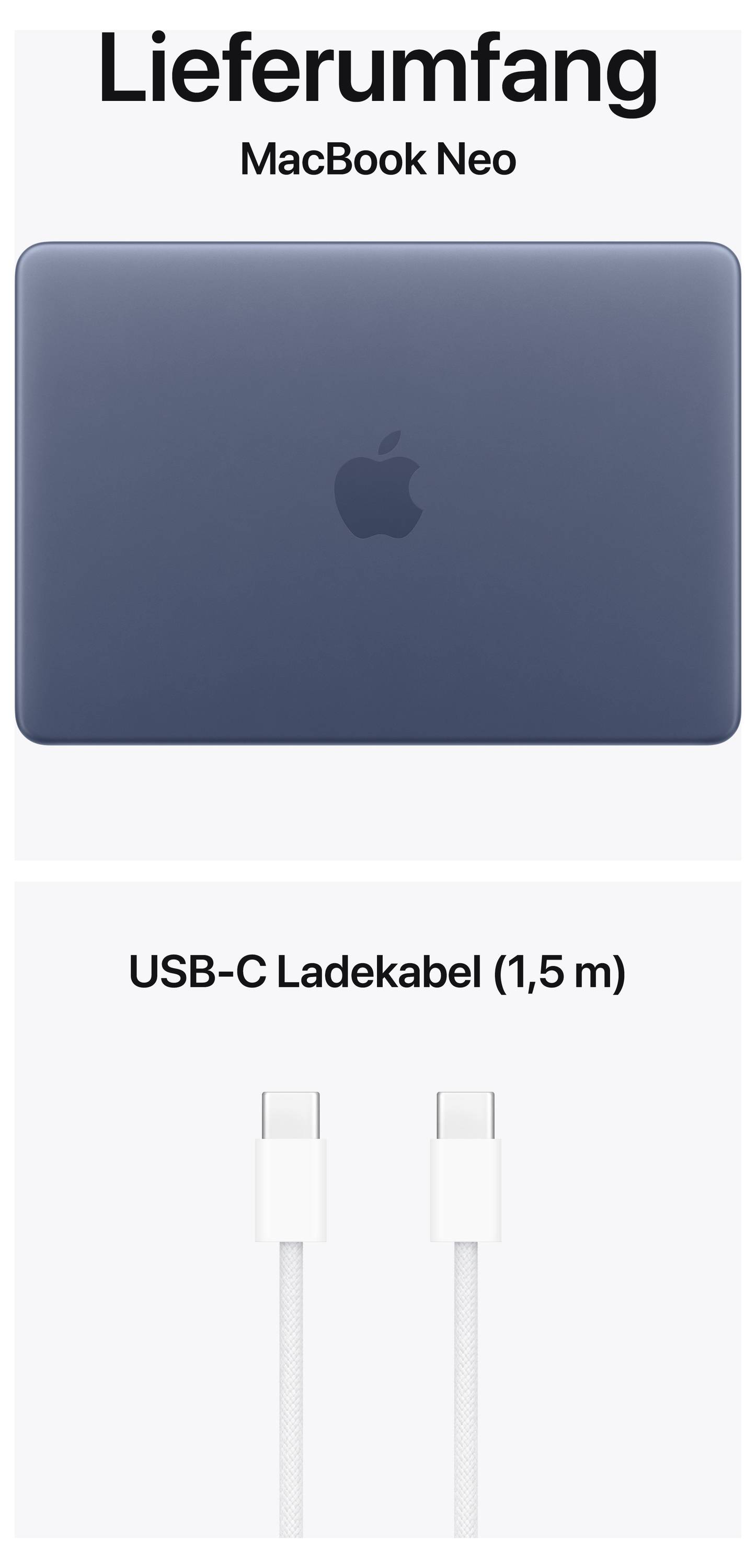 'Lieferumfang MacBook Neo': Bild zeigt ein geschlossenes MacBook Neo und ein USB-C Ladekabel (1,5 m).