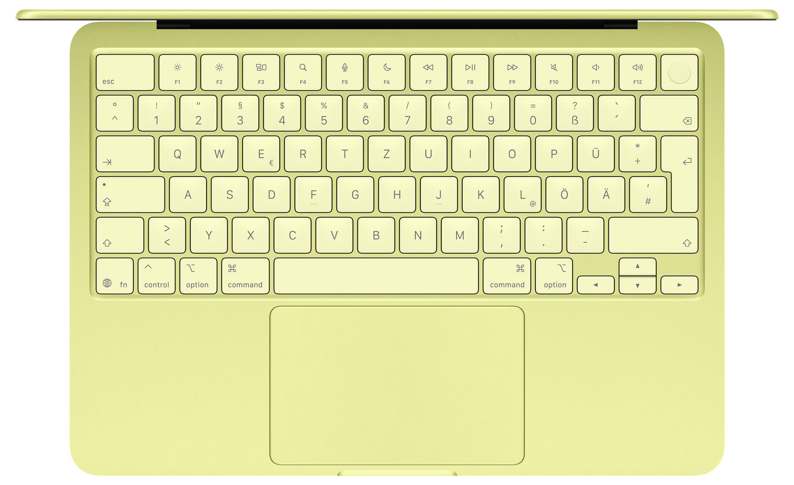 Draufsicht einer gelben Laptop-Tastatur und eines Trackpads mit QWERTZ-Layout.
