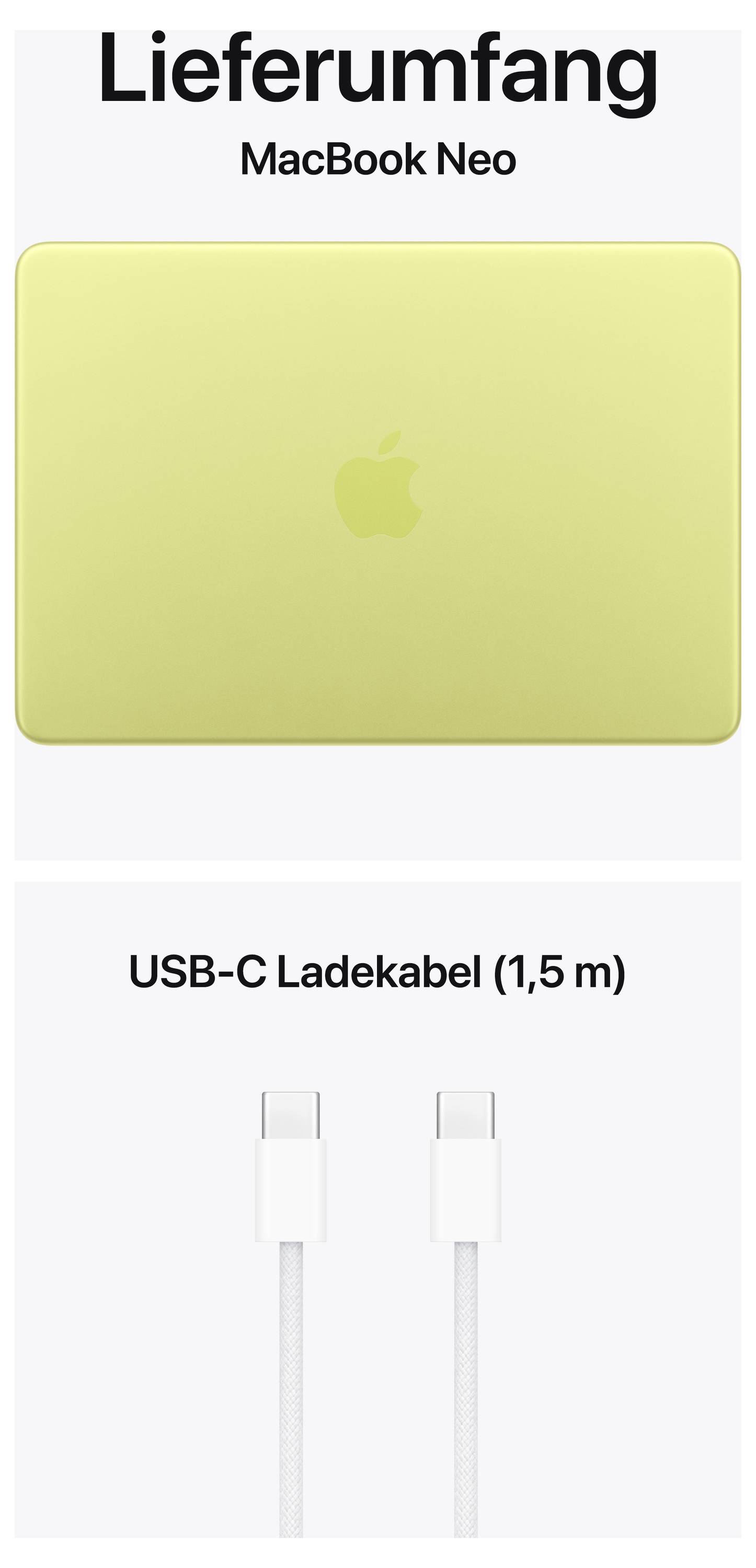 Lieferumfang: MacBook Neo in Gelb und USB-C Ladekabel (1,5 m).