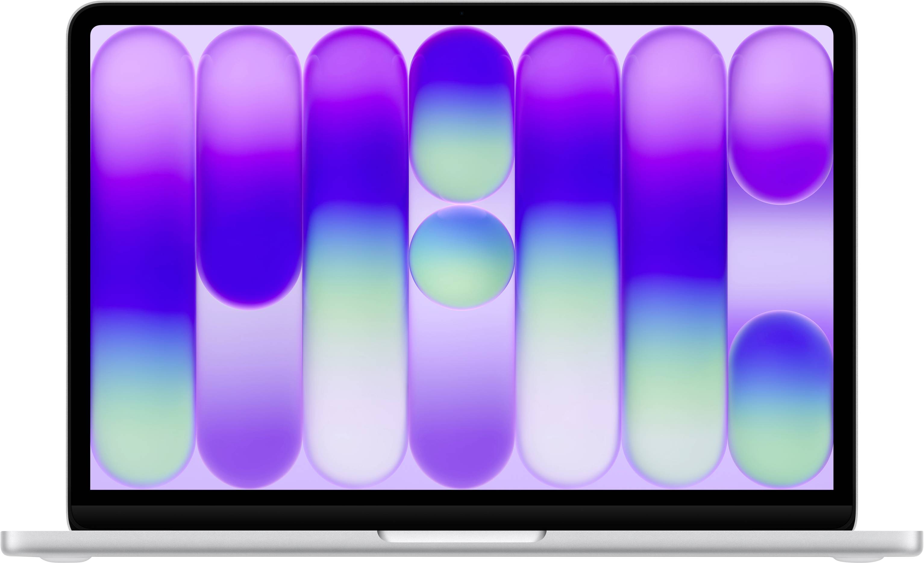 Ein Laptop mit einem farbenfrohen abstrakten Hintergrundbild mit länglichen Formen in Schattierungen von Violett, Blau und Grün, die auf dem Bildschirm angezeigt werden.