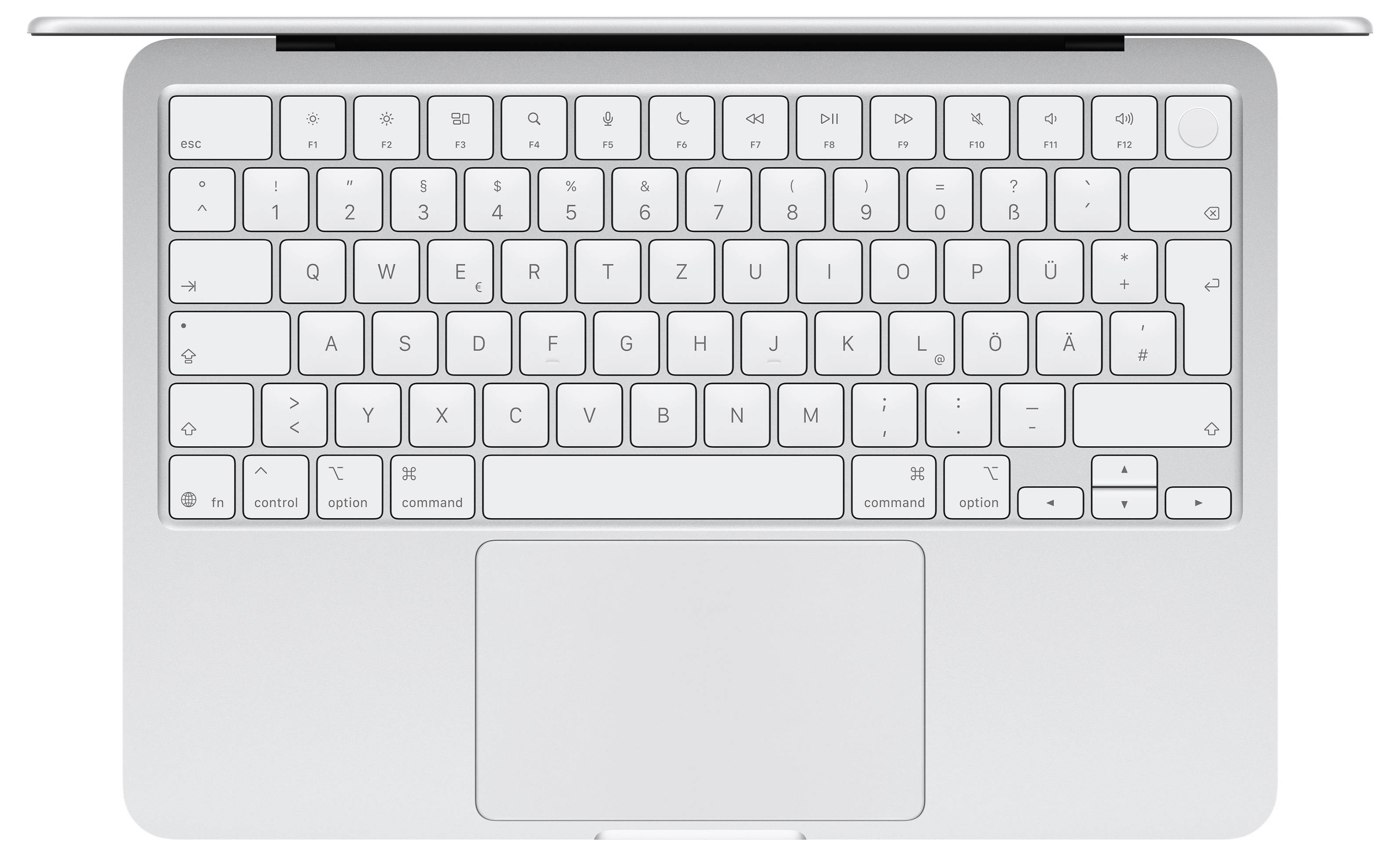 Eine silberne Laptop-Tastatur und ein Trackpad aus der Vogelperspektive, die ein kompaktes Layout mit Tasten wie 'Esc', Funktionstasten und Pfeiltasten zeigen.