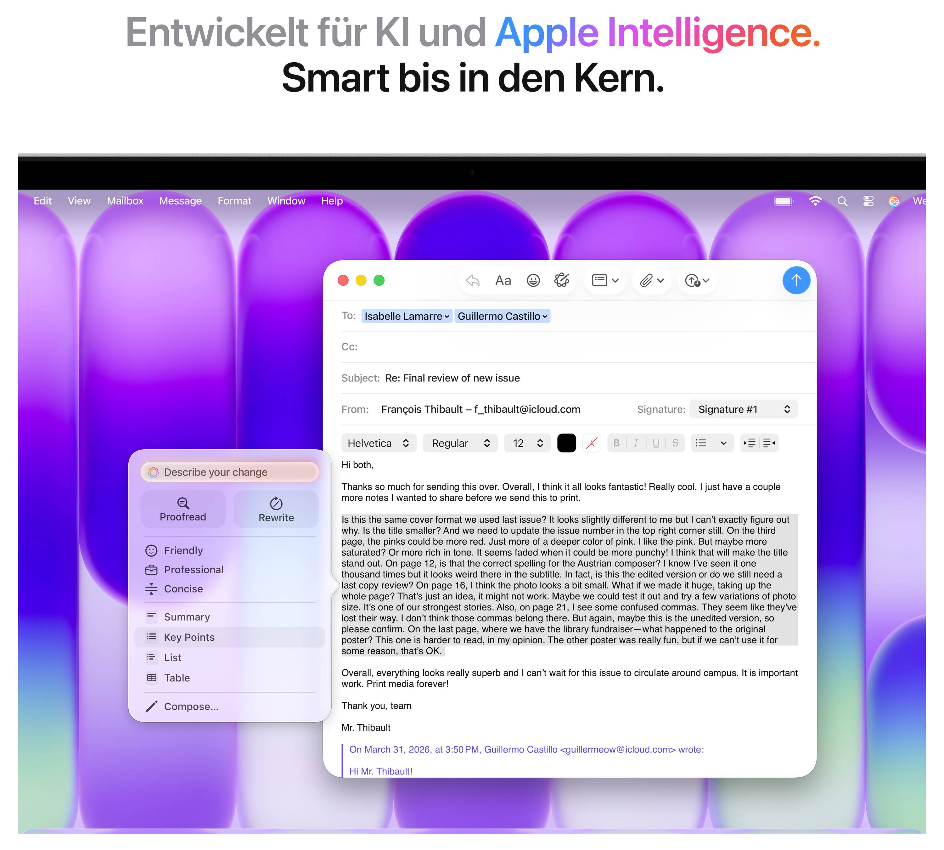Ein Bildschirm zeigt eine E-Mail-App mit einer geöffneten Nachricht. Darüber steht der Text 'Entwickelt für KI und Apple Intelligence. Smart bis in den Kern.'