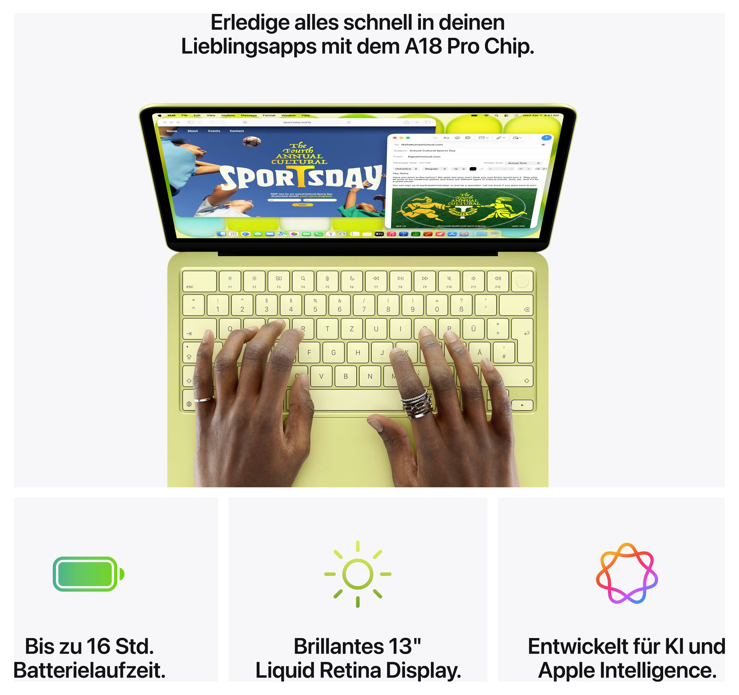Ein Tablet mit Tastatur zeigt eine Website. Text: 'Erledige alles schnell in deinen Lieblingsapps mit dem A18 Pro Chip'. Features: Bis zu 16 Std. Batterielaufzeit, 13