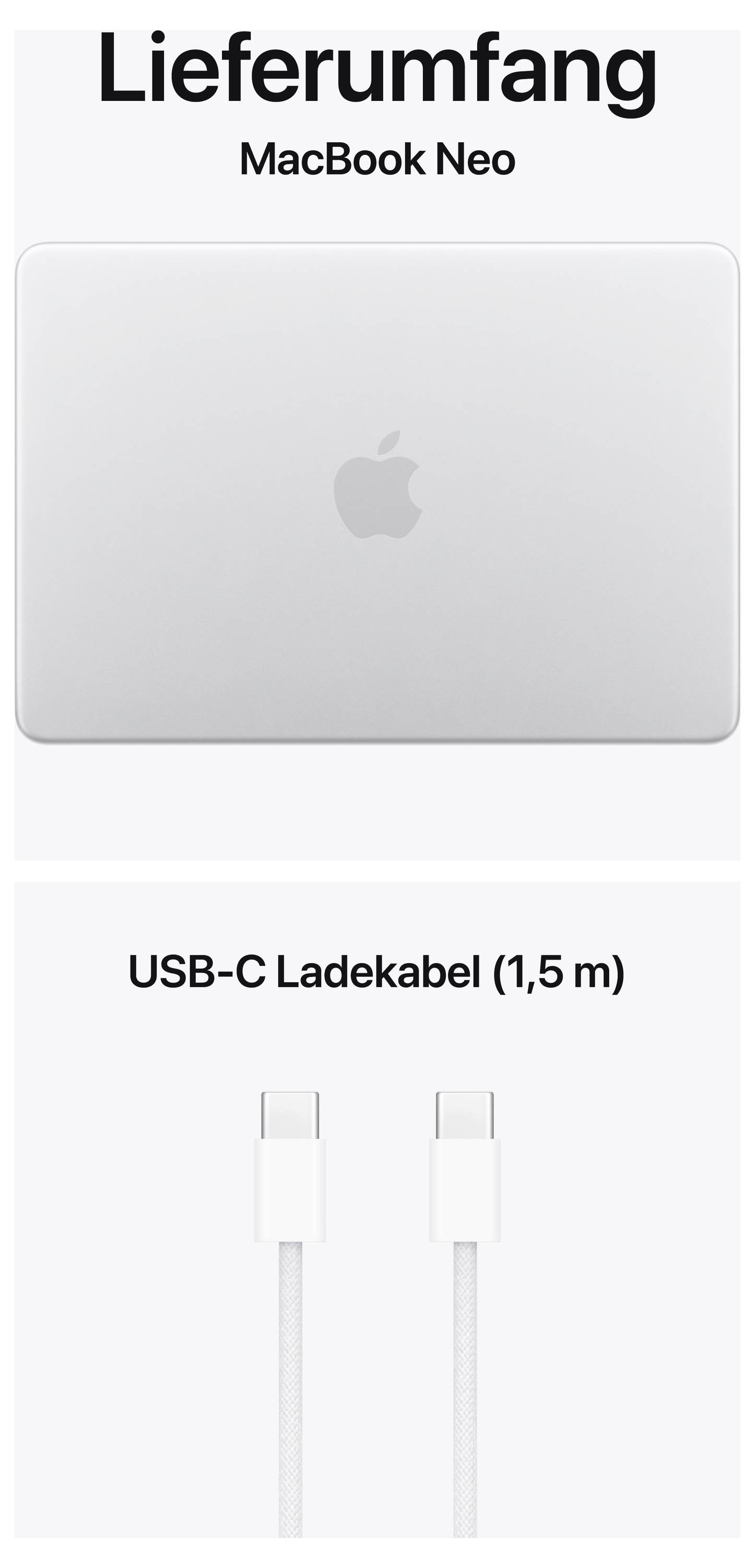 'Lieferumfang MacBook Neo' mit abgebildetem geschlossenen Laptop und USB-C Ladekabel (1,5 m) darunter.