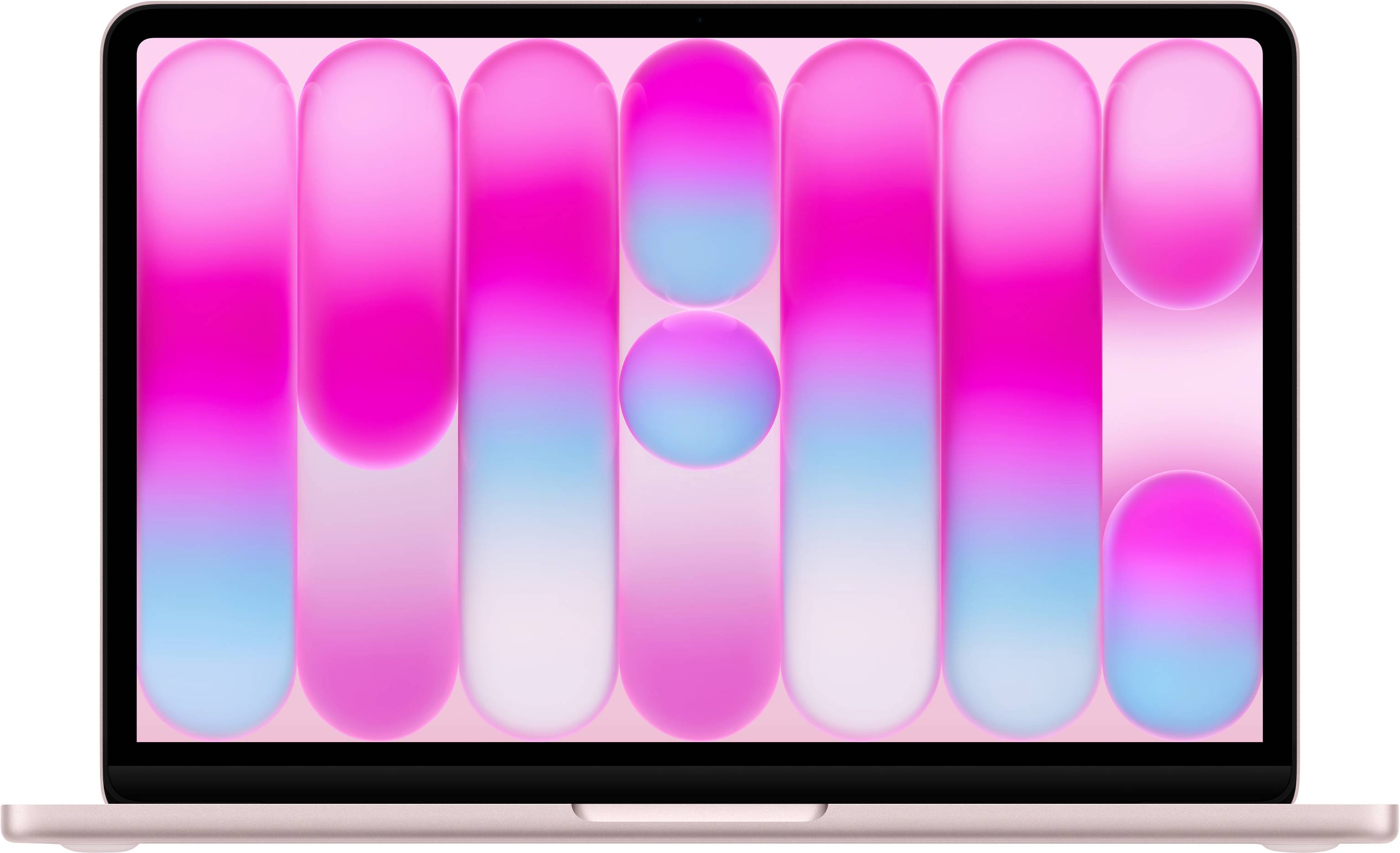 Ein Laptop zeigt ein farbenfrohes abstraktes Design mit rosa und blau gefärbten Farbverlauf-Formen auf dem Bildschirm.