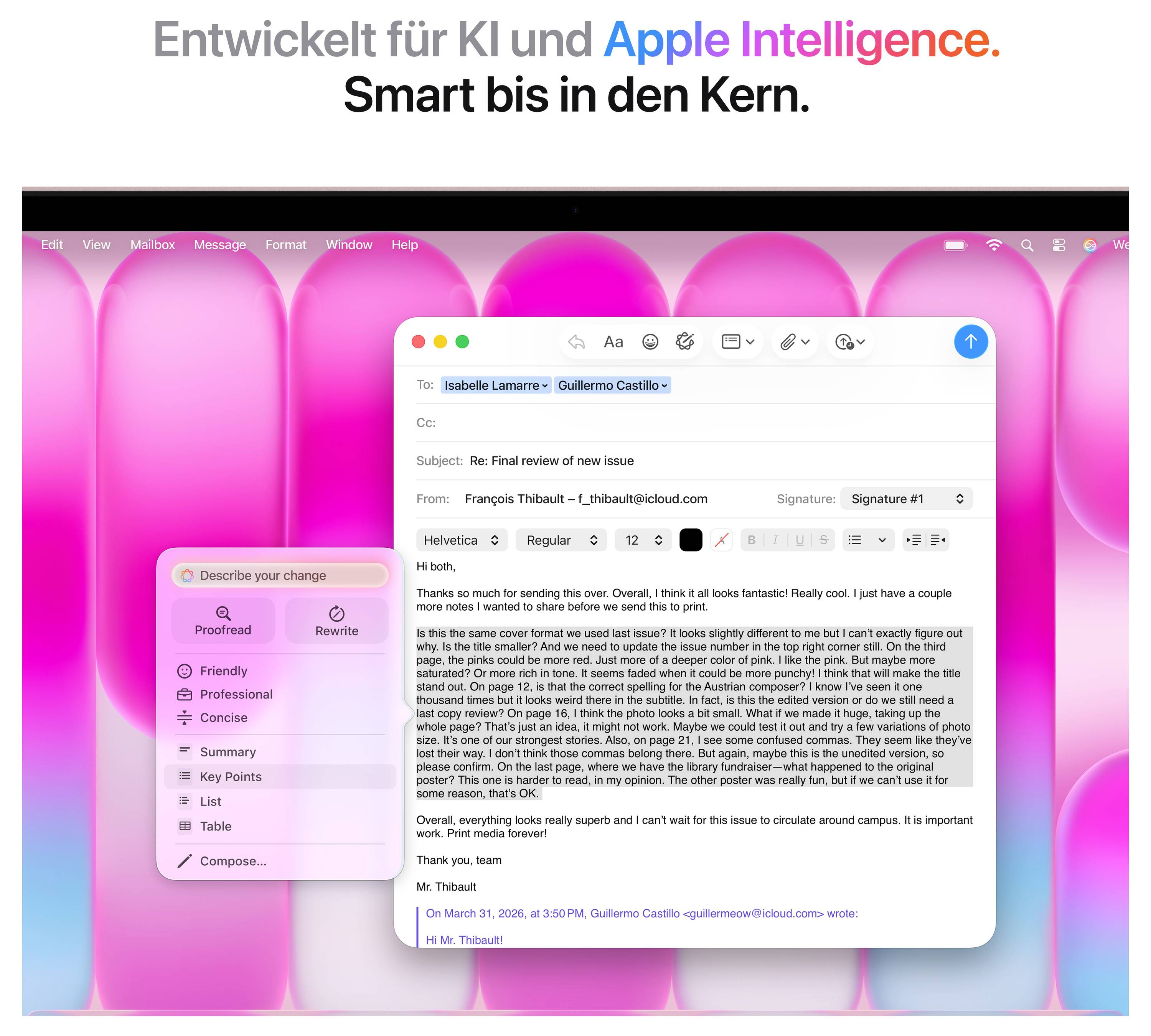 Ein geöffneter E-Mail-Entwurf auf einem Computerbildschirm mit pinkem Hintergrund. Betreff: 'Final review of new issue'. Text beschreibt Überprüfung.