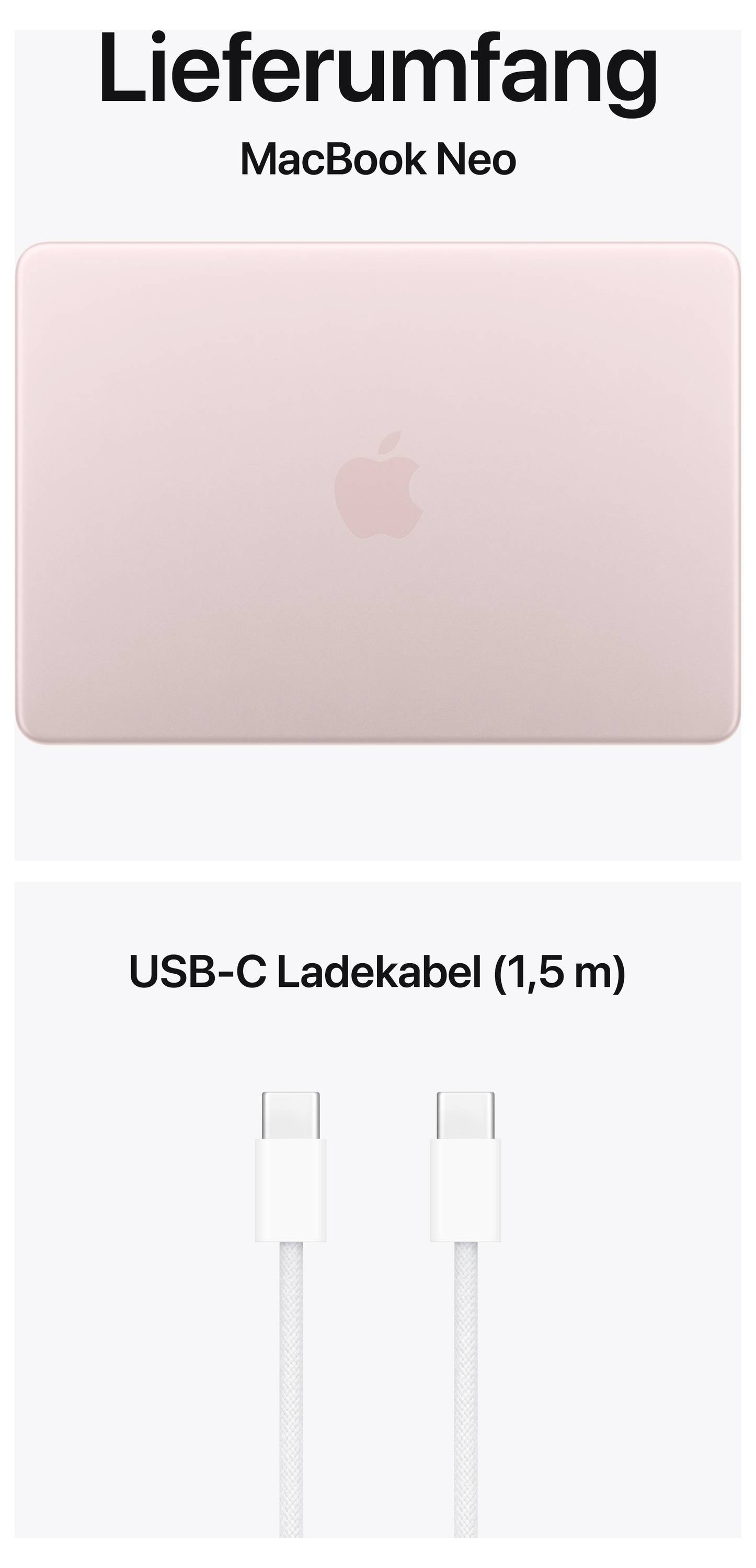 Bild zeigt 'Lieferumfang: MacBook Neo' und ein 'USB-C Ladekabel (1,5 m)'.