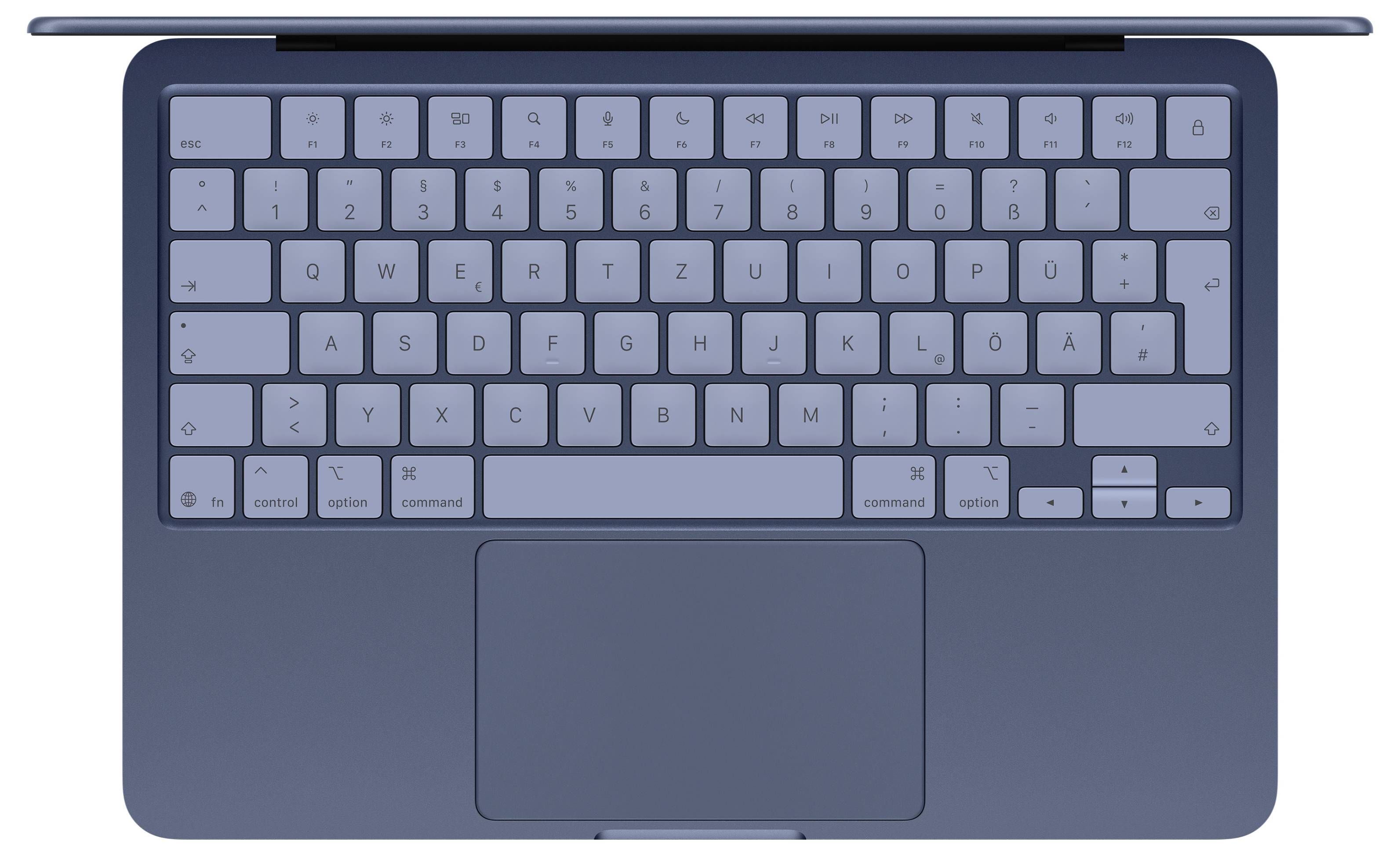 Eine Draufsicht auf einen offenen Laptop mit einer Tastatur mit englischen Buchstaben und Spezialtatsen sowie einem Touchpad darunter, auf einer ebenen Fläche angebracht.