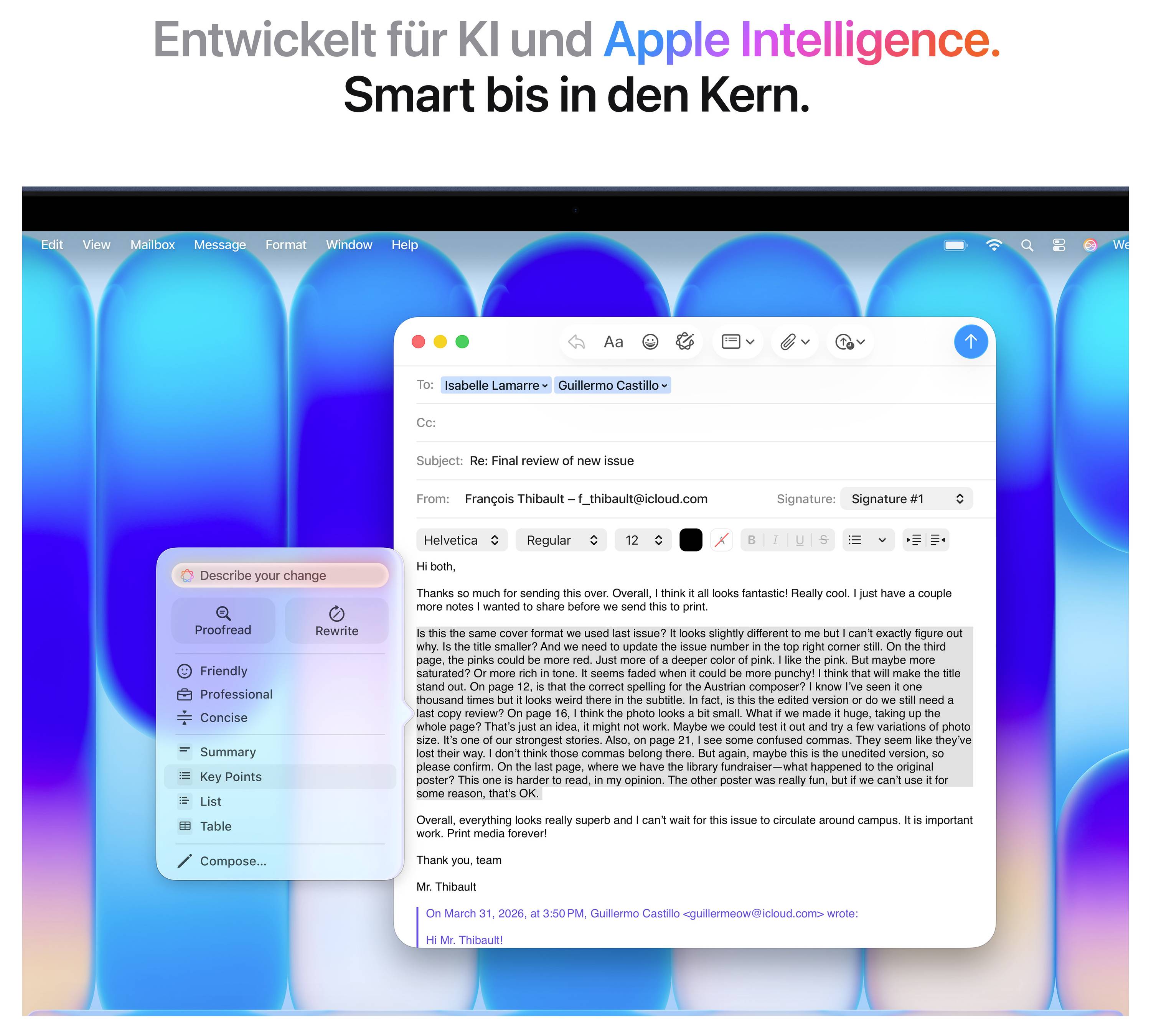 Ein Computerbildschirm zeigt eine E-Mail-Anwendung mit dem Text 'Entwickelt für KI und Apple Intelligence. Smart bis in den Kern.' im Hintergrund.