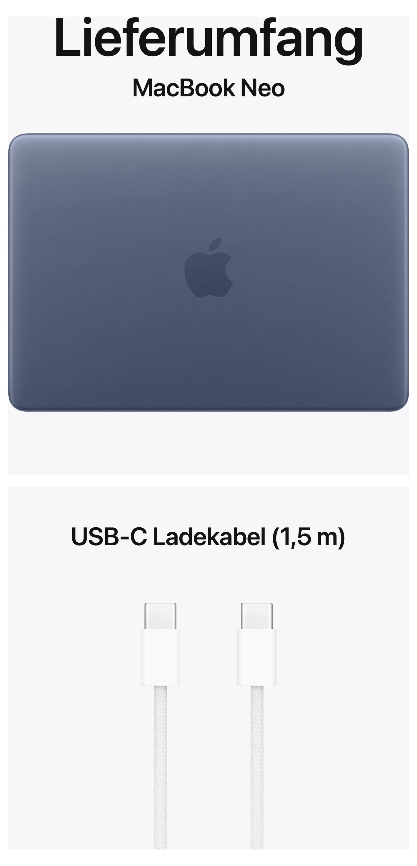 Lieferumfang MacBook Neo: MacBook in blauer Farbe, USB-C Ladekabel (1,5 m).