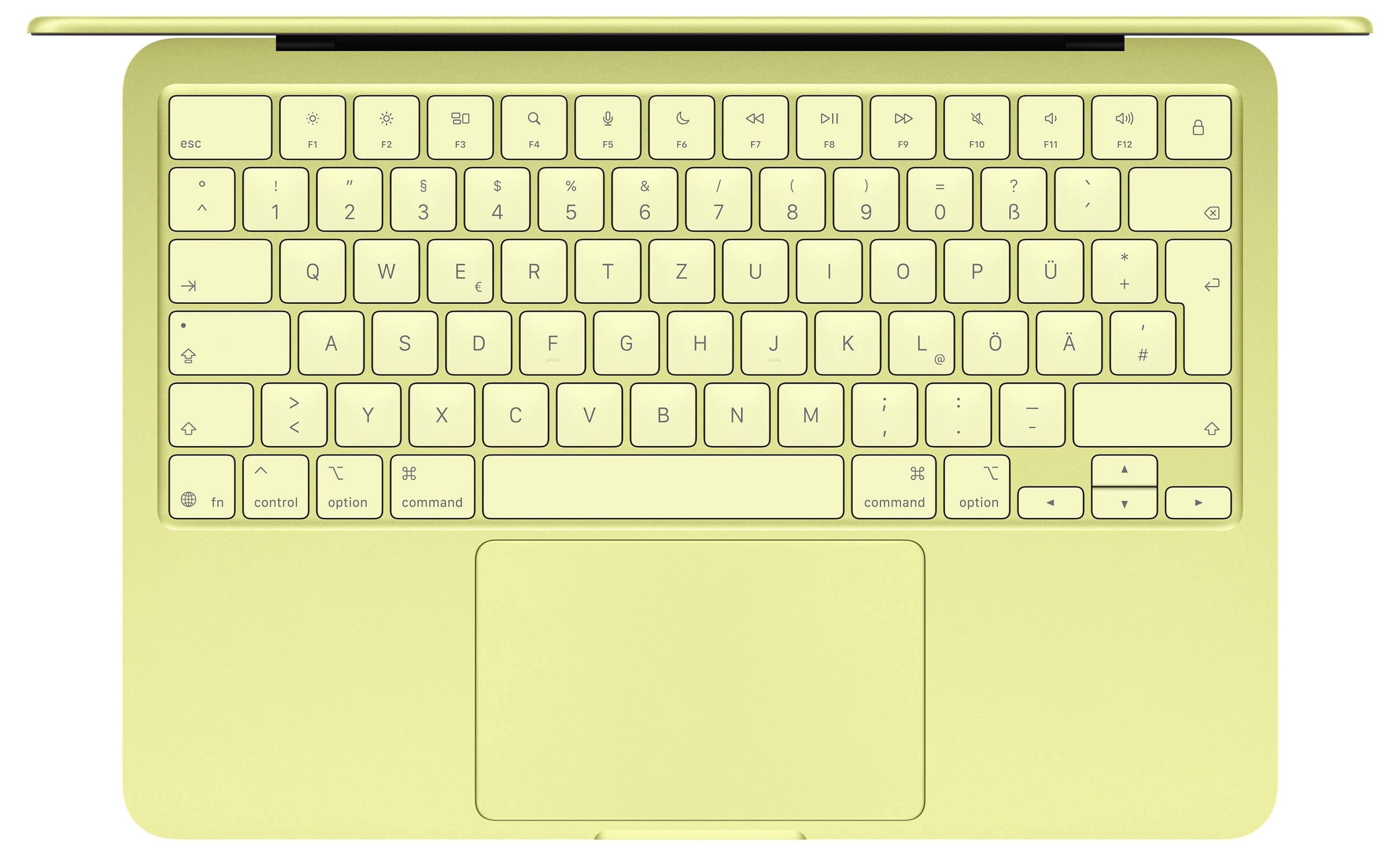 Übersichtsaufnahme einer gelben Laptop-Tastatur und eines Trackpads auf einem passenden Laptop-Gehäuse.