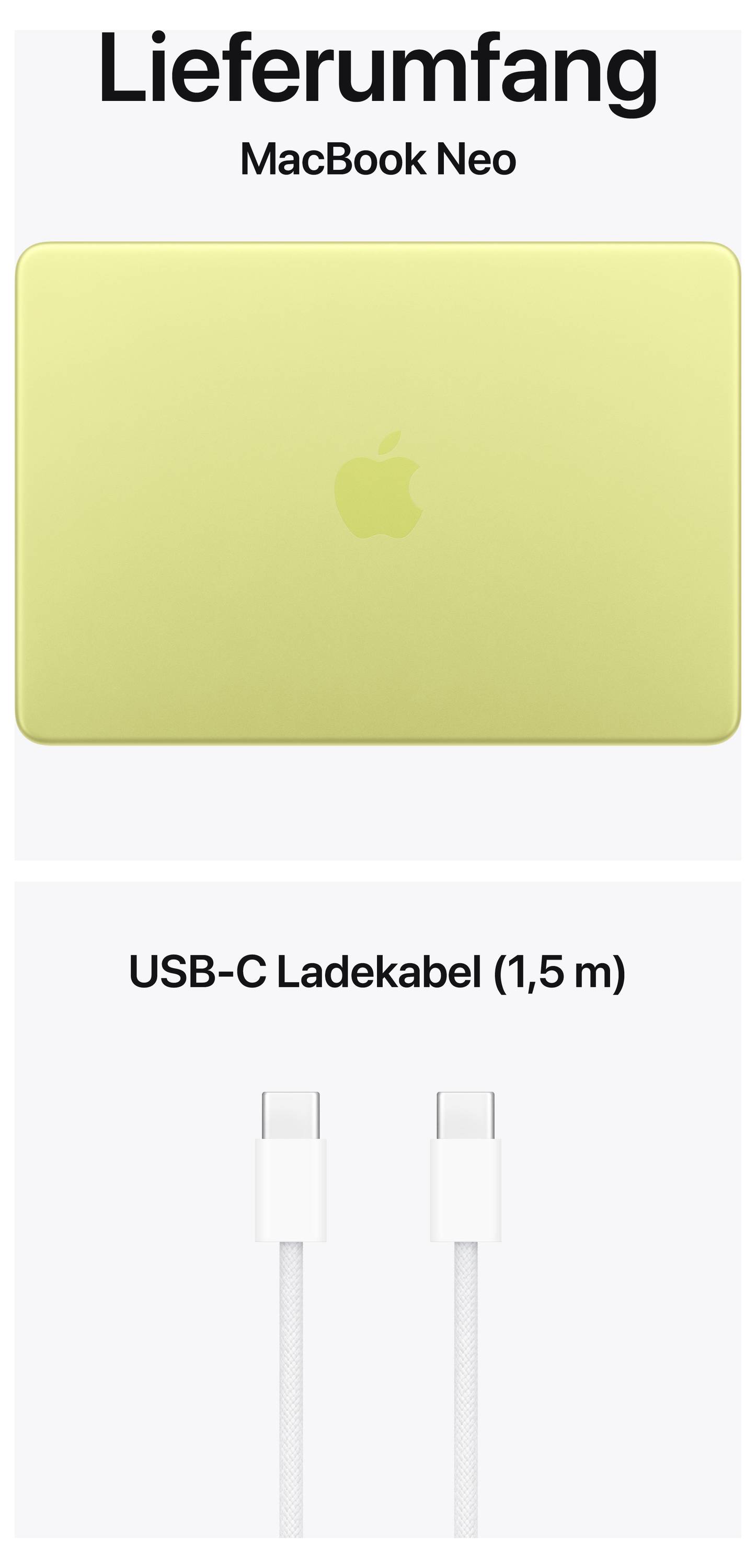 Lieferumfang MacBook Neo: Gelbes MacBook und USB-C-Ladekabel (1,5 m).