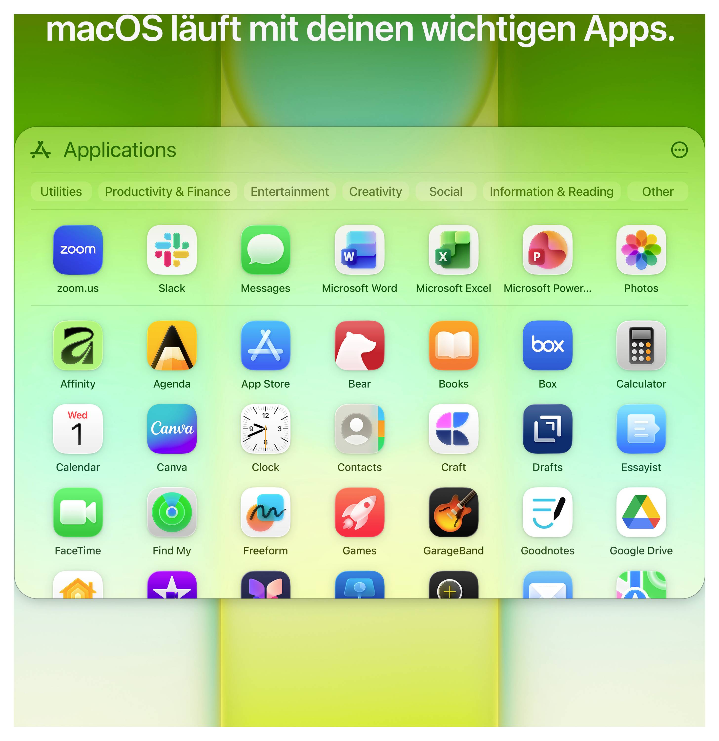 'macOS läuft mit deinen wichtigen Apps.' Bildschirm mit App-Symbolen, darunter Zoom, Microsoft Word, Safari und GarageBand.