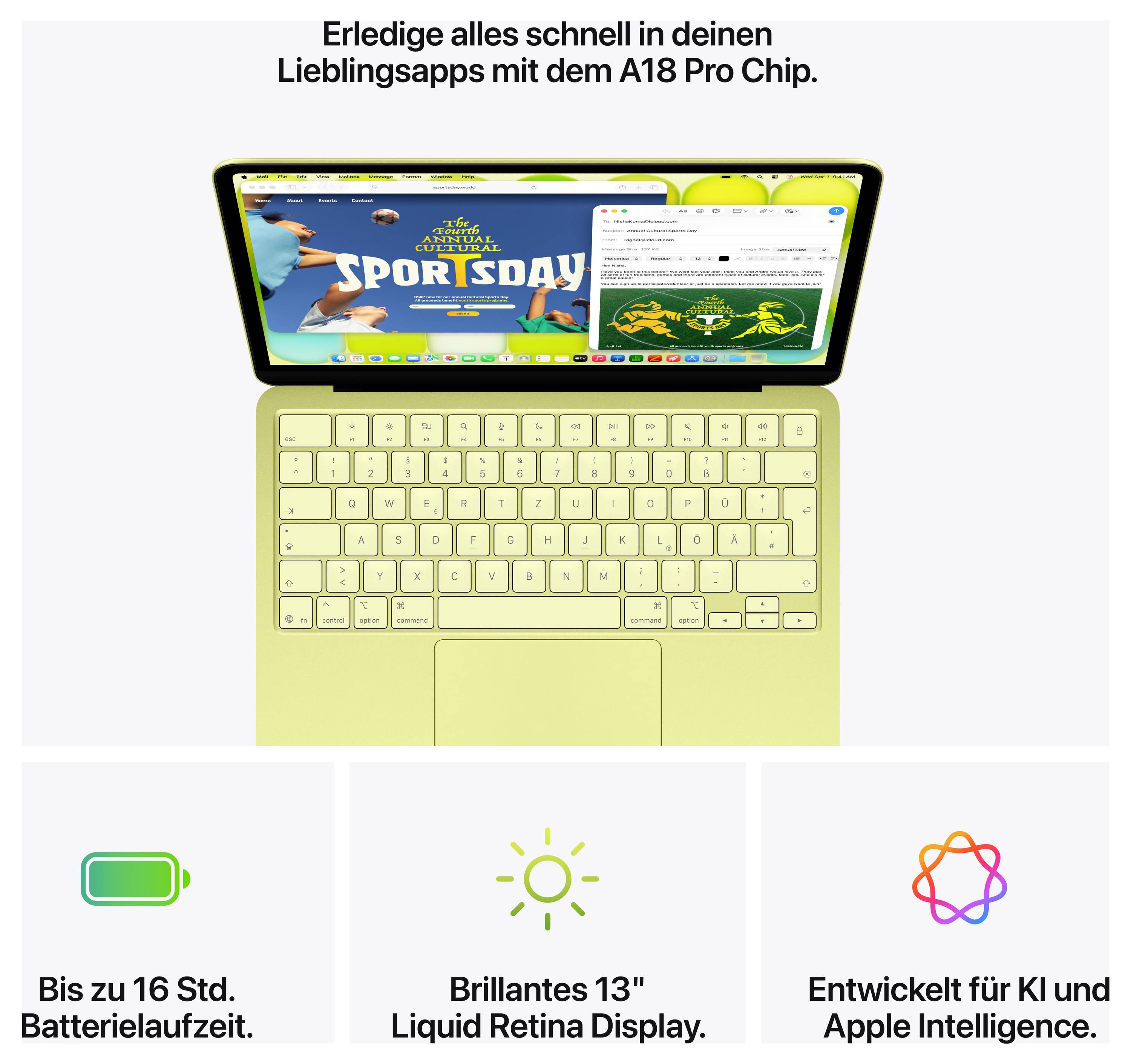 Ein gelbes Laptop mit A18 Pro Chip. Text: 'Erledige alles schnell in deinen Lieblingsapps'. Funktionen: 16 Std. Akku, 13