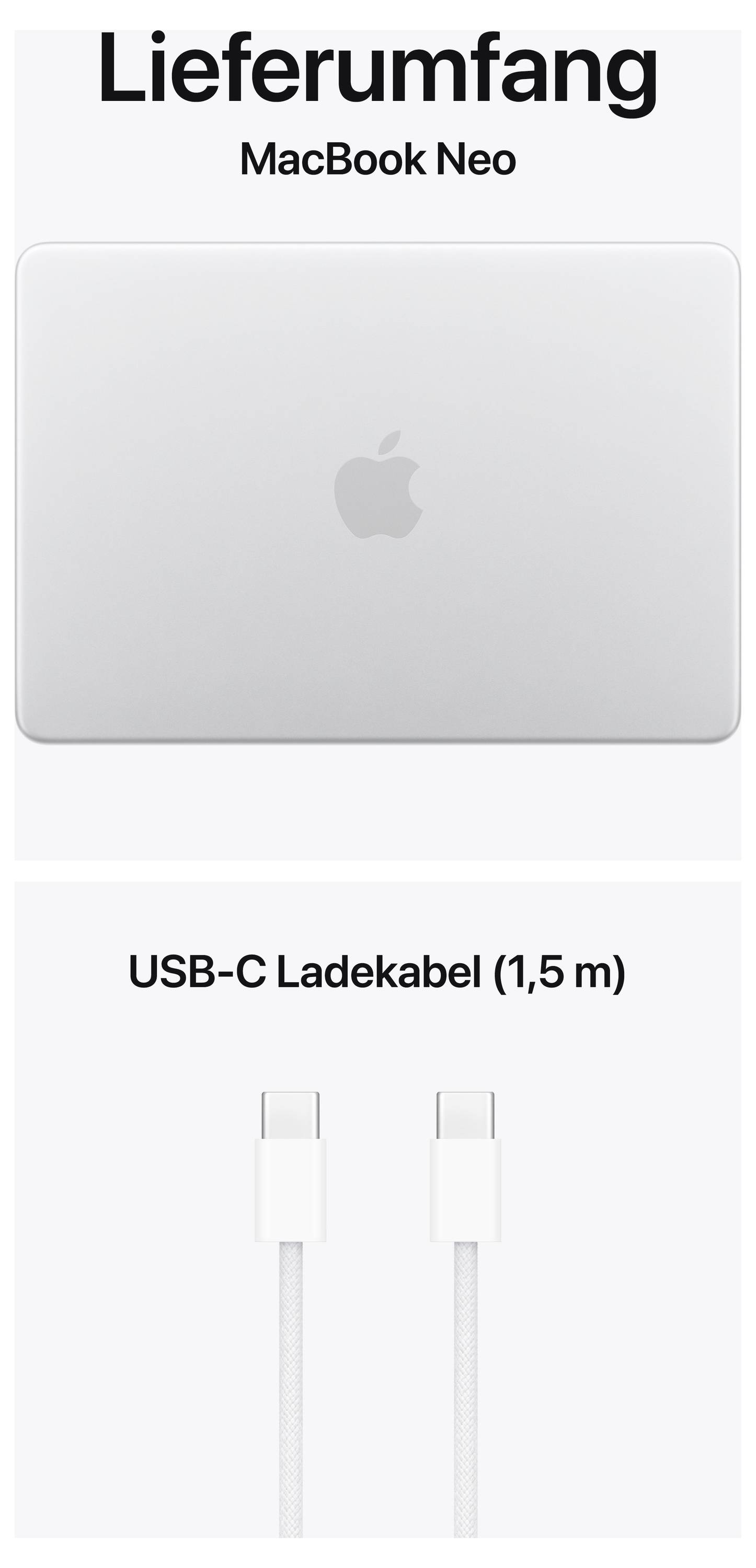 Lieferumfang: MacBook Neo in Silber und ein USB-C-Ladekabel (1,5 m).