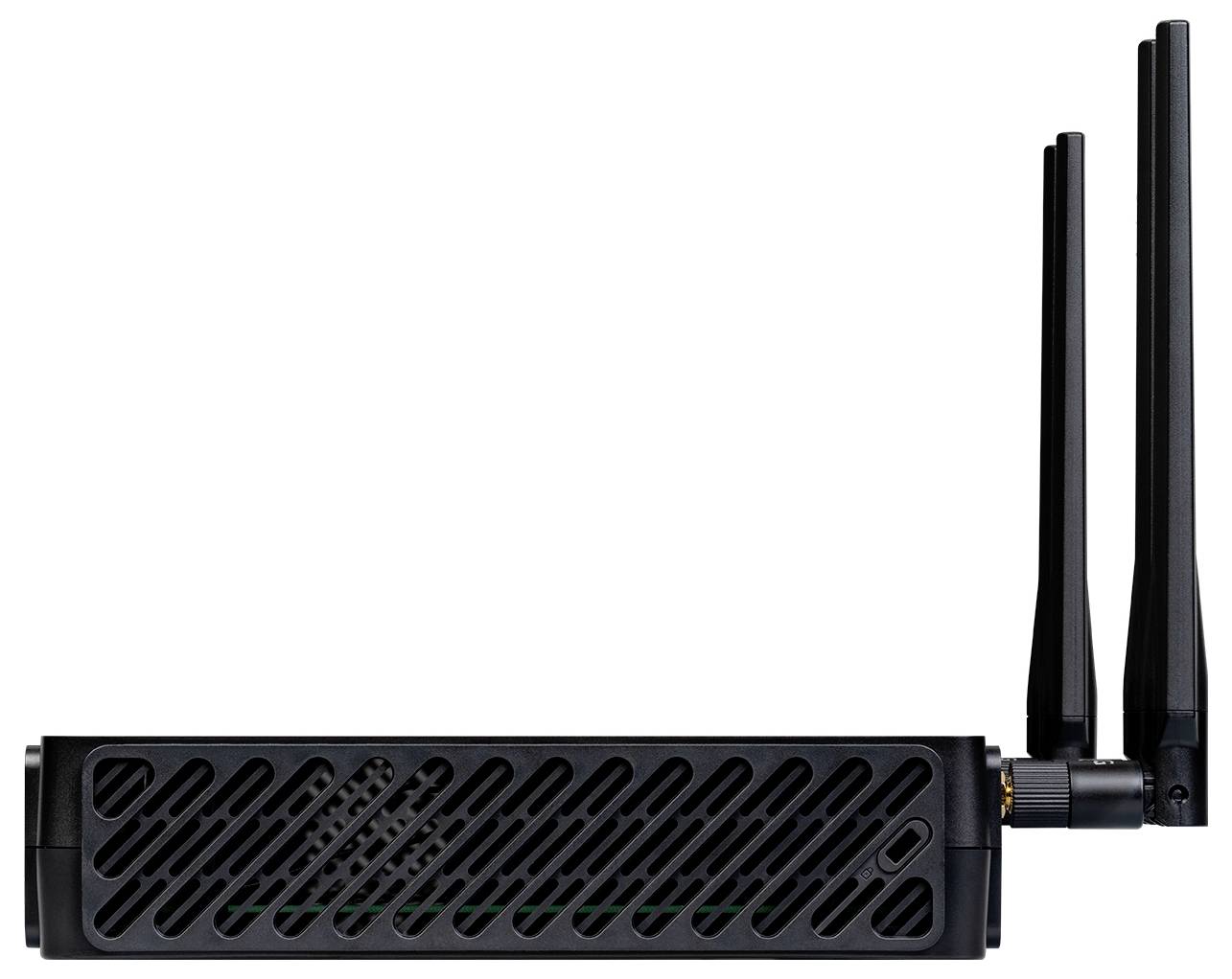 Ein schwarzes, rechteckiges Modem mit Belüftungsschlitzen an der Seite und drei hohen Antennen oben, was einen Fokus auf drahtlose Konnektivität anzeigt.