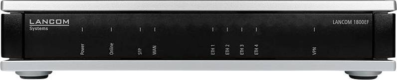 Ein schwarzer LANCOM-Router mit verschiedenen beschrifteten Anschlüssen und Indikatoren für Stromversorgung, Online-Status, SIP, WAN und VPN-Konnektivität.