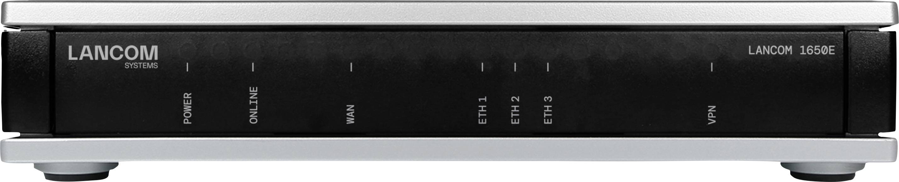 Ein schwarzes LANCOM-Netzwerkgerät mit gekennzeichneten Anschlüssen: STROMVERSORGUNG, ONLINE, WAN, ETH 1-4, VPN. Wird für Internetverbindung und Netzwerkverwaltung verwendet.