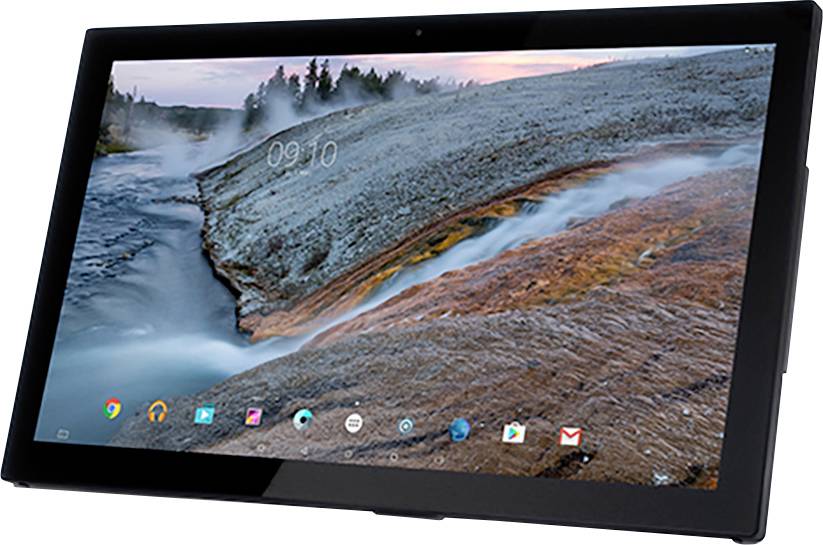 Ein Tablet zeigt eine Landschaft mit einem Fluss und felsigem Gelände auf seinem Bildschirm an und deutet darauf hin, dass es eingeschaltet und einsatzbereit ist.