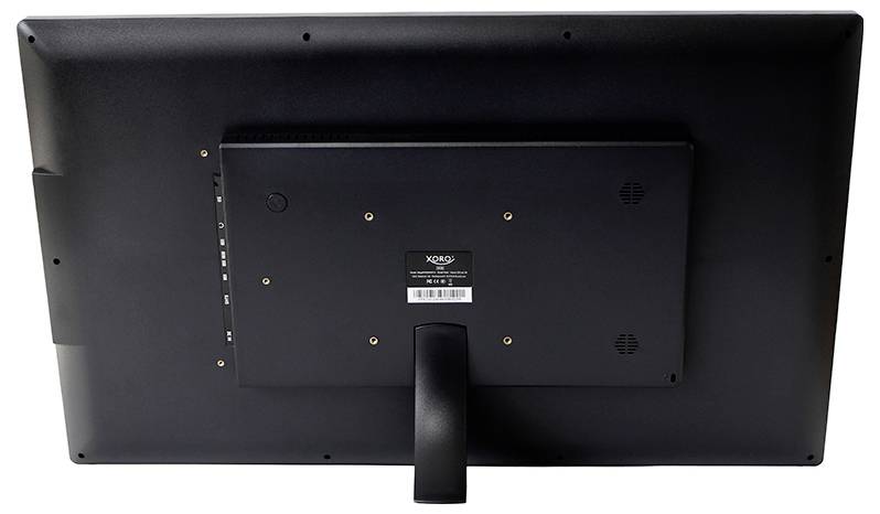 Rückansicht eines schwarzen Computermonitors, der den Ständer und die Befestigungshalterung zeigt, auf weißem Hintergrund.