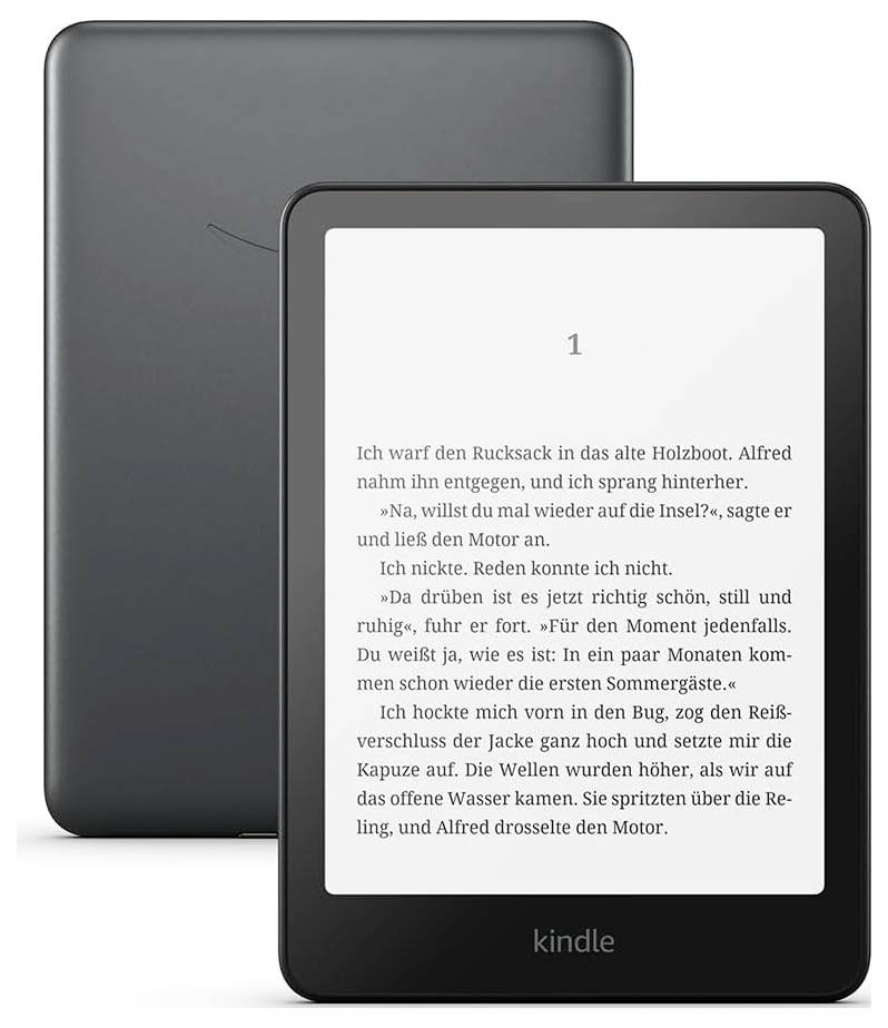 Ein E-Reader mit geöffneter Buchseite zeigt den Text 'Na, willst du mal wieder auf die Insel?', sagte er und ließ den Motor an. Rückansicht daneben.