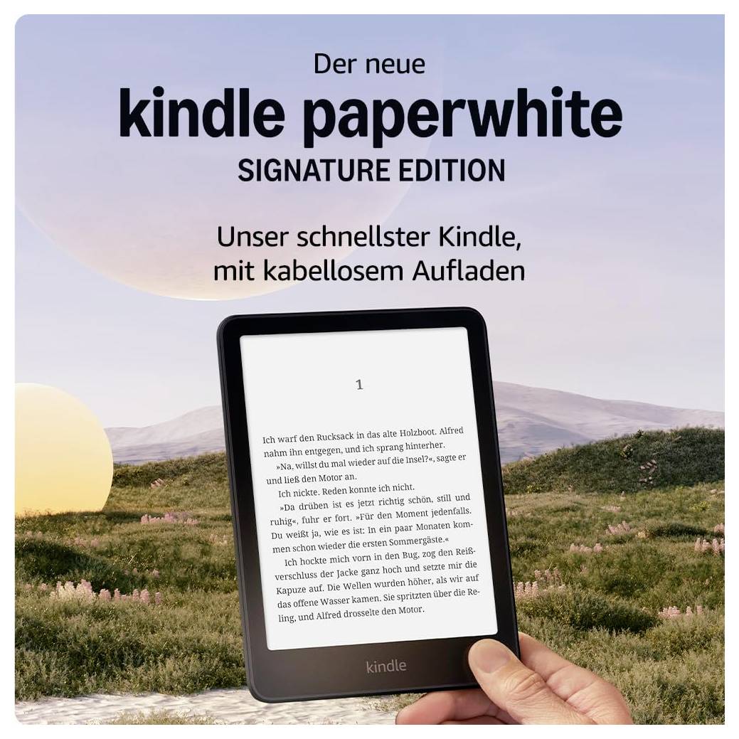Der neue Kindle Paperwhite Signature Edition mit kabellosem Aufladen wird vor einer Landschaft bei Sonnenuntergang gezeigt.