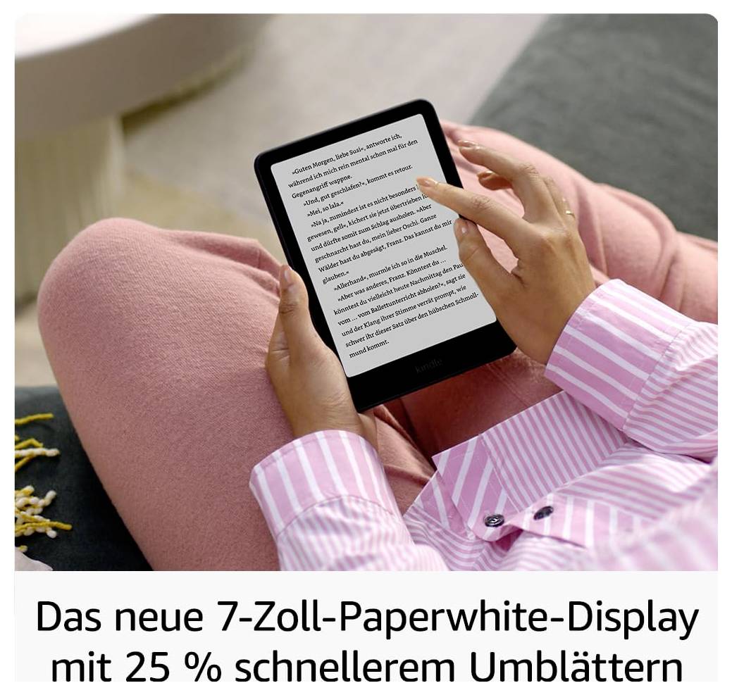 Eine Person liest auf einem E-Reader mit einem 7-Zoll-Paperwhite-Display. Text unten: 'Das neue 7-Zoll-Paperwhite-Display mit 25 % schnellerem Umblättern'.