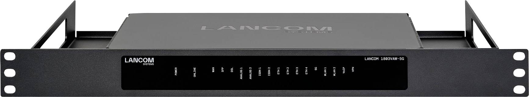 Ein schwarzer LANCOM 7100-Router, der in einem Rack montiert ist, mit zahlreichen Anzeigelichtern auf der Frontplatte.