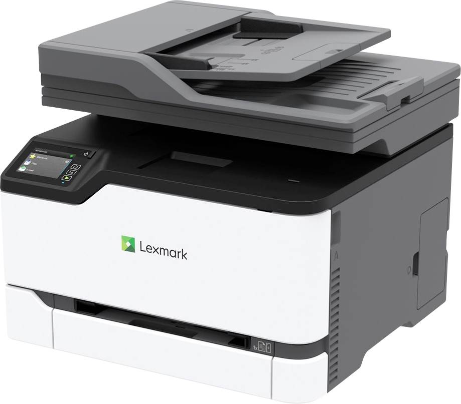 Ein grauer und weißer Lexmark-Drucker mit einem obenliegenden Scanner, leicht angewinkelt, um das Bedienfeld, das Papierfach und den Dokumenteneinzug zu zeigen.