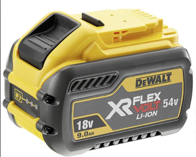 „Dewalt XR FlexVolt 18V 9,0 Ah Lithium-Ionen-Akku, gelb-schwarzes Design, mit Ladestatus-Anzeigelicht.